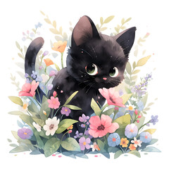 black cat and flower, watercolor illustration
