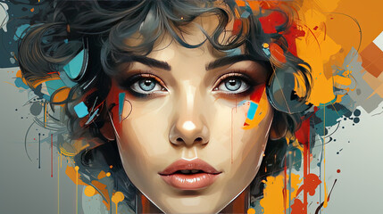 Colorful Oil Painting of A Beautiful Retro Fashionable Young Girl Portrait Abstract Background