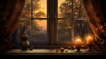 A window with a candle and some leaves