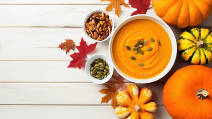 Pumpkin puree in bowl over light background. Healthy diet food concept. Top view, flat lay