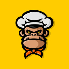 monkey chef logo, the monkey character wears a chef's hat and a tie around his neck
