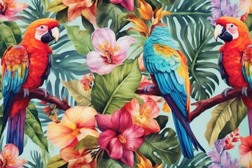 Vibrant tropical design featuring colorful parrots and flowers. Generative AI