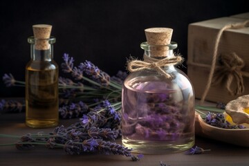 Obraz na płótnie Canvas fragrant bottle and lavender flowers on the table. Generative AI