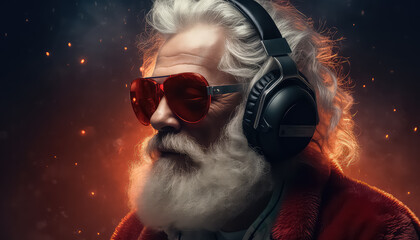 cool mature man with white beard in santa claus suit with headset headphones