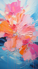 Abstract background oil painting of a flower in pink and blue colors.
