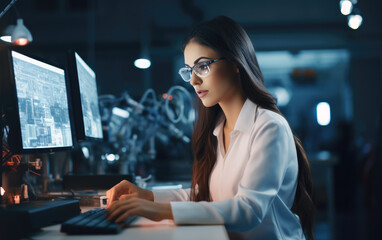 Female scientist working with microscope in laboratory. Medical research and development concept.