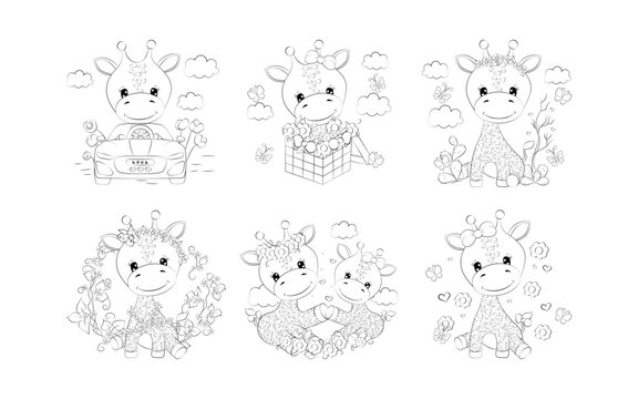 Set of Cartoon Isolated Giraffe Coloring Page. Collection of Cute Vector Cartoon Animals Outline