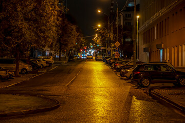 Autumn night street in rainy weather