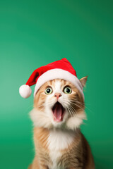 Chat surpris en bonnet de Noël sur fond turquoise