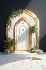 Glowing arc door decor on white podium surrounded by glossy cobble rocks and palm leaves background templates. Created with Generative AI technology