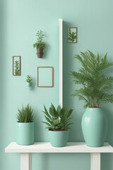 Home plant, vases, picture frame with and without photo against mint green wall. Background template. Created with Generative AI technology