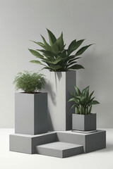 Grey cement display podium and houseplant background template. Created with Generative AI technology