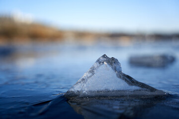 Ice splinters lies on a frozen lake. Triangle shape. Depth of field. copy space. Deep perspective....