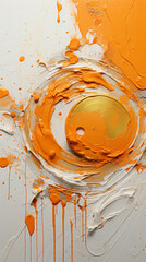 Abstract background of orange paint splashes on a white background.
