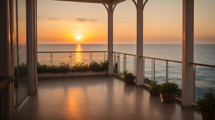 view from a the veranda to the sea during sunset.  