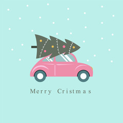 Christmas car with a Christmas tree. New Year's mood. Christmas. New Year.