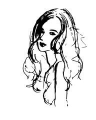 Stylized portrait of a girl painted in black on a white background