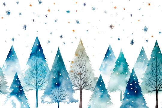 Winter forest, Christmas and New Year's theme in watercolor style isolate on white