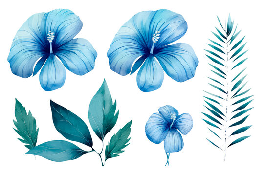 Tropical plants in blue, Christmas and New Year theme in watercolor style on white background