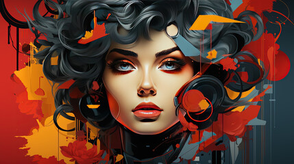Colorful Oil Painting of A Beautiful Retro Fashionable Young Girl Portrait Abstract Background