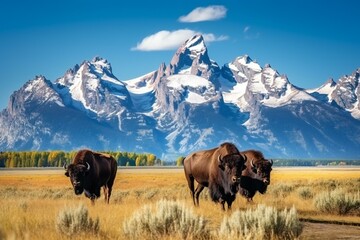 American Bisons grazing on grassy field  against mountains. Beautiful mountains landscape with bisons. Wildlife Photography.