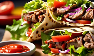 Delicious Doner Kebab Wrap with Spicy Meat, Lettuce, Tomato, Isolated on Transparent Background
