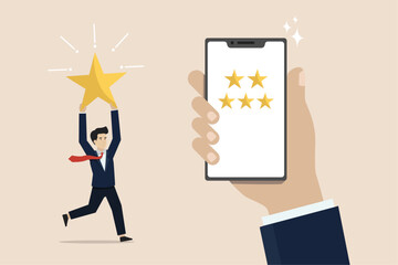 Star award, product comment giving, good award, clients give five star feedback review. Customer gives 5 star feedback. Illustration of a successful businessman.
