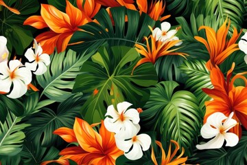 Lush tropical backdrop featuring orange lilies, white hibiscus, surrounded by green foliage.