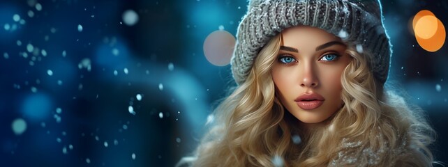 portrait of young blonde woman with hat and winter background
