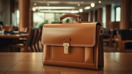 Fashionable leather briefcase on table - obrazy, fototapety, plakaty