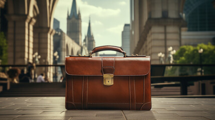 Fashionable leather briefcase on table - obrazy, fototapety, plakaty