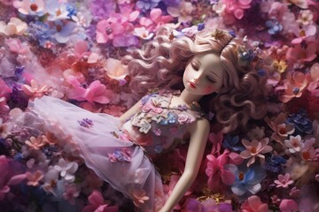 Mesmerizing doll with pink curly hair nestled among intricate details of flora and blooms.