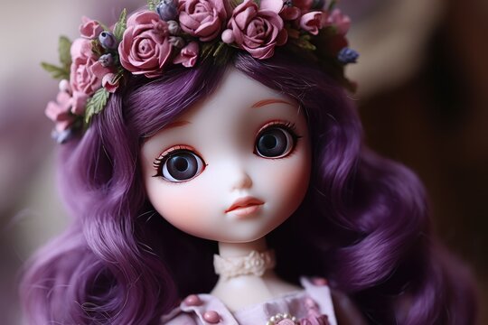 Lavender-hued dreamscape with a doll donning a floral headdress, emphasizing her delicate beauty against a soft background.