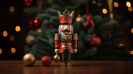 Wooden Christmas Nutcracker figurine against a background of a Christmas tree.