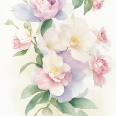 Watercolor flowers illustration with pale green, pink and lilac colors