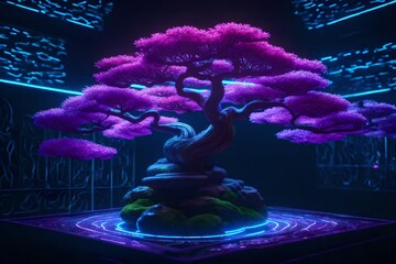 A neon bonsai tree with intricate neon flowers combines traditional and futuristic characteristics.