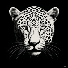 Leopard face, stencil style, black and white, line art sketch