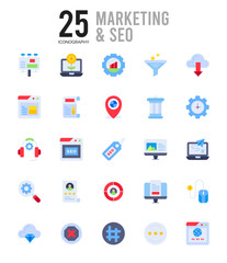 25 Marketing and Seo Flat icon pack. vector illustration.