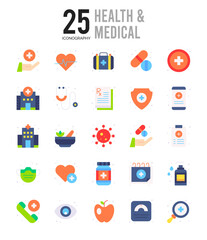 25 Health and Medical Flat icon pack. vector illustration.