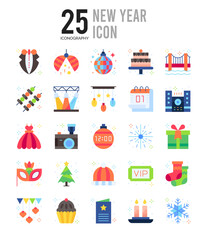 25 New Year Flat icon pack. vector illustration.