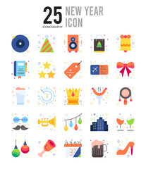 25 New Year Flat icon pack. vector illustration.