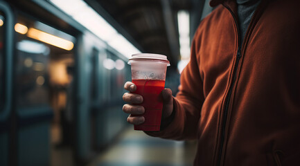 Closeup of a Red Drink, Subway Background