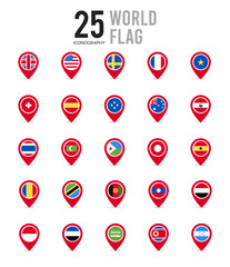 25 World Flags Pin. icons Pack. vector illustration.