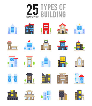 25 Types of Building Flat icon pack. vector illustration.