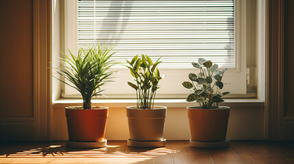 Potted plants sitting on a wooden floor