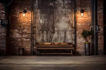 Fotobehang An entrance area with exposed brick walls, industrial lighting, and salvaged materials. The raw and rustic decor creates an urban and inviting atmosphere, blending modernity with warmth. © Kuo