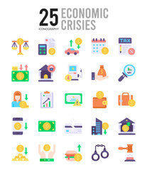 25 Economic Crisies Flat icon pack. vector illustration.