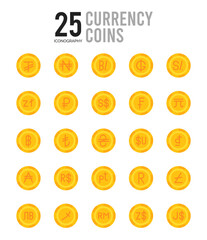 25 Currency Coins Flat icon pack. vector illustration. - obrazy, fototapety, plakaty