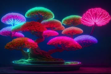 Fotobehang A mix of conventional and cutting-edge design is a neon bonsai tree with delicate neon blooms. © MB Khan