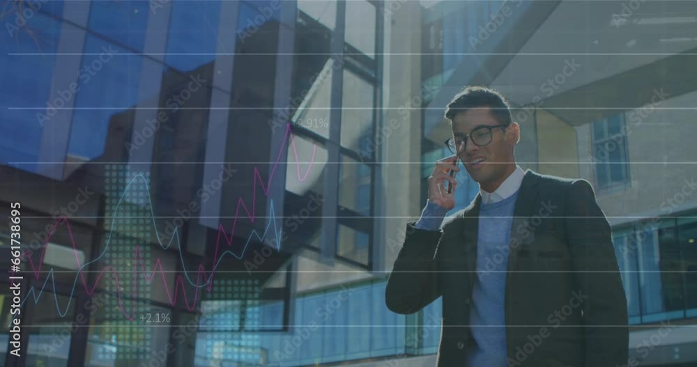 Poster animation of multiple graphs with changing numbers over caucasian man talking on cellphone